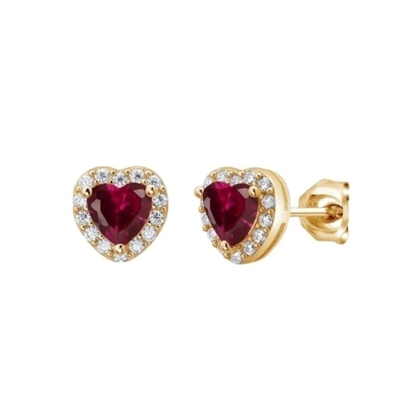 18K Yellow Gold 1.42ct Diamond Red Ruby Heart Earrings Moissanite Gift Mothers - Picture 1 of 5